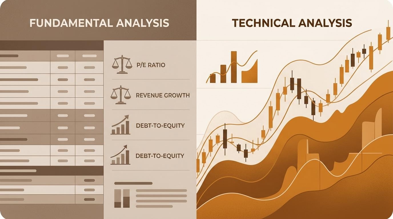 Darstellung zweier Analyseansätze: Unternehmenskennzahlen und Kursdiagramme