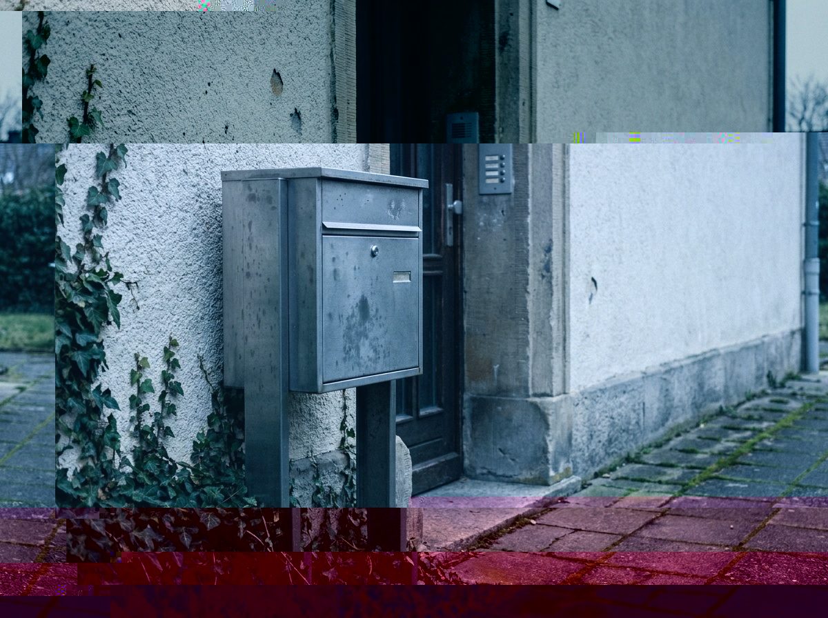 Briefkasten neben dem Eingang eines Wohnhauses mit gepflastertem Zugang
