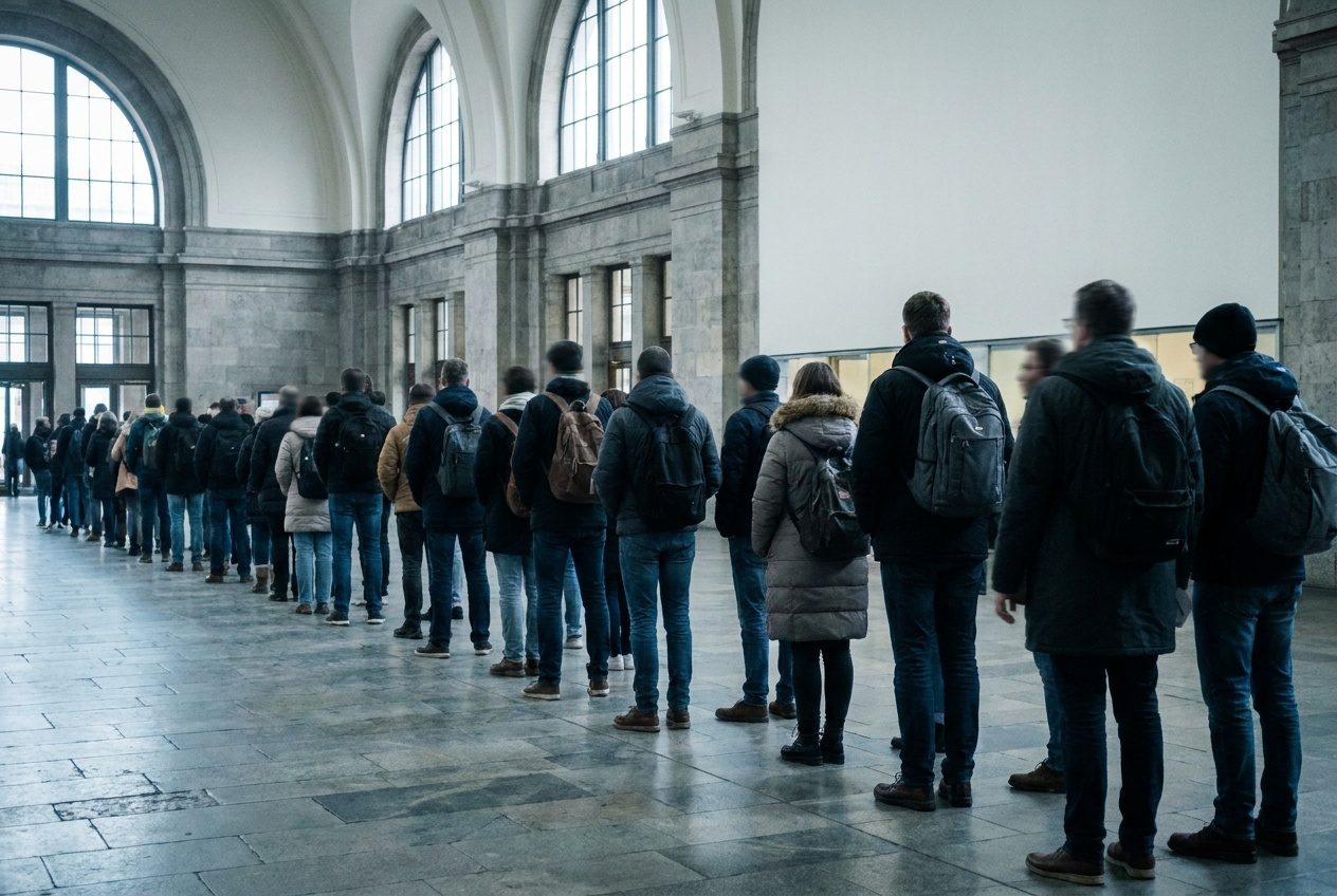 Wartende Menschen in einer Halle vor einem Eingang, von hinten aufgenommen, ohne erkennbare Personen